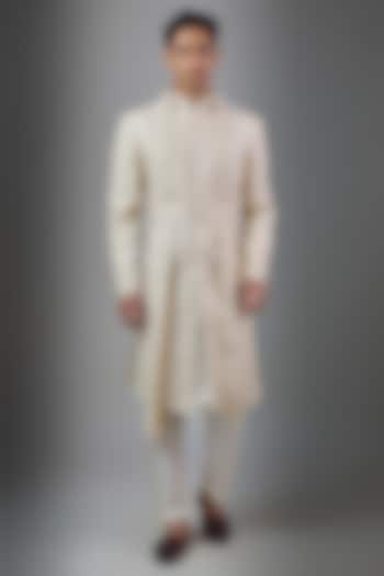 Pearl-Colored Silk Groom Sherwani Set by Vanshik at Pernia's Pop Up Shop