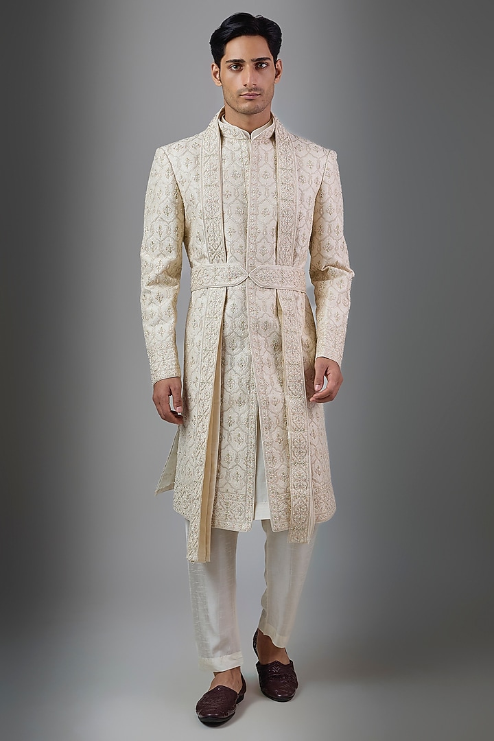 Pearl-Colored Silk Groom Sherwani Set by Vanshik at Pernia's Pop Up Shop