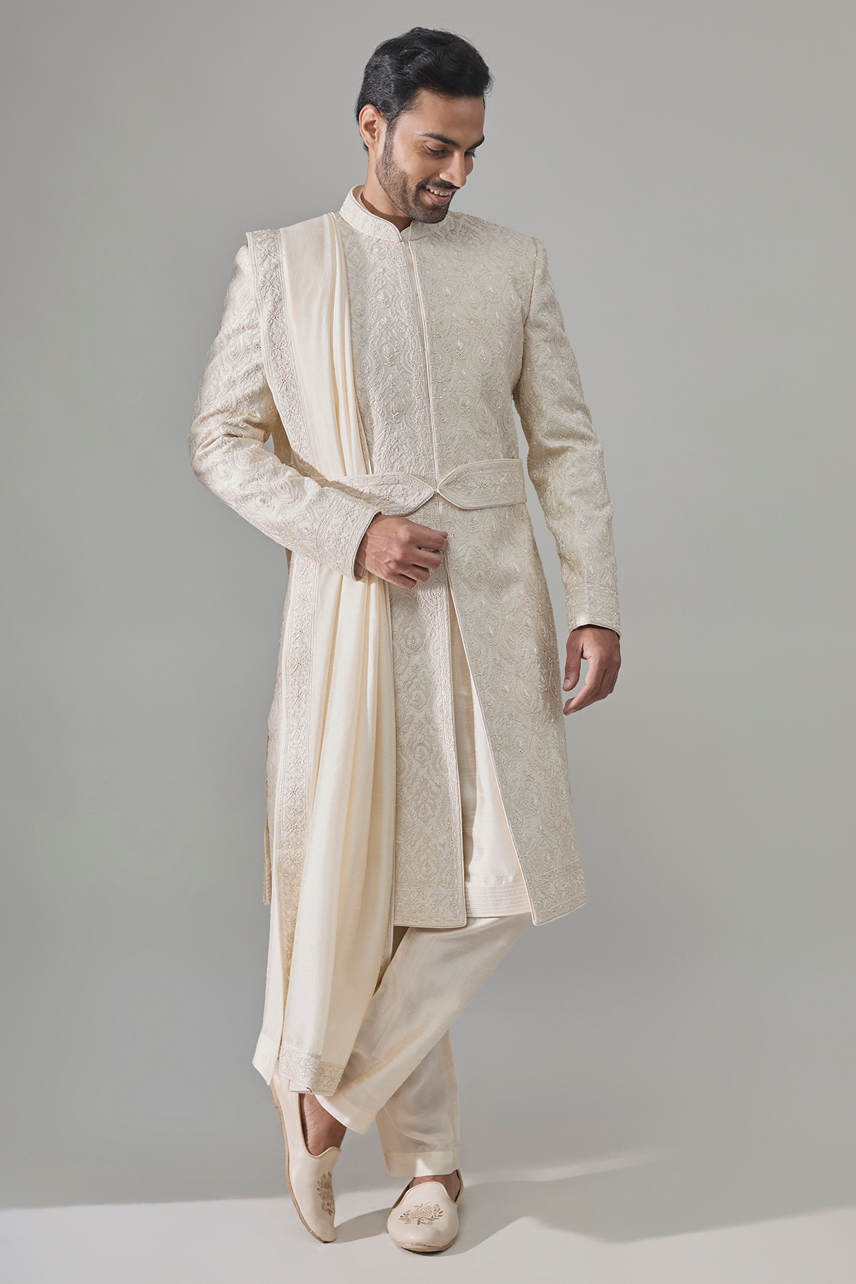 Vanshik Pearl White Silk Sherwani Set