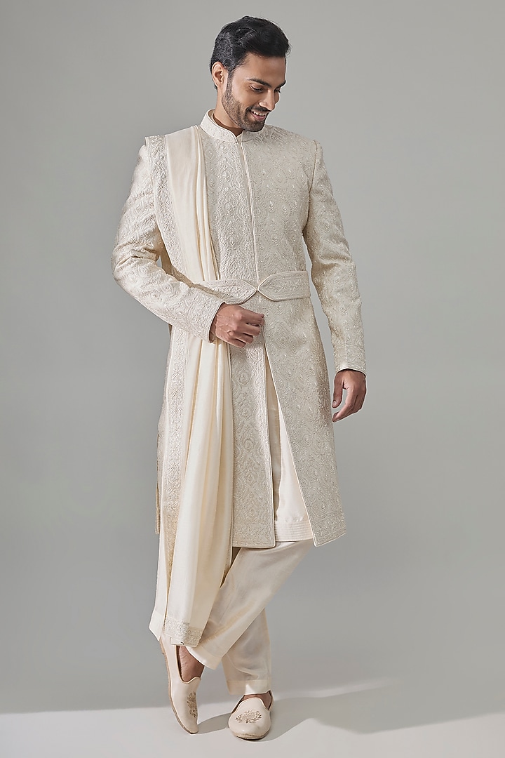 Pearl White Silk Groom Sherwani Set by Vanshik at Pernia's Pop Up Shop