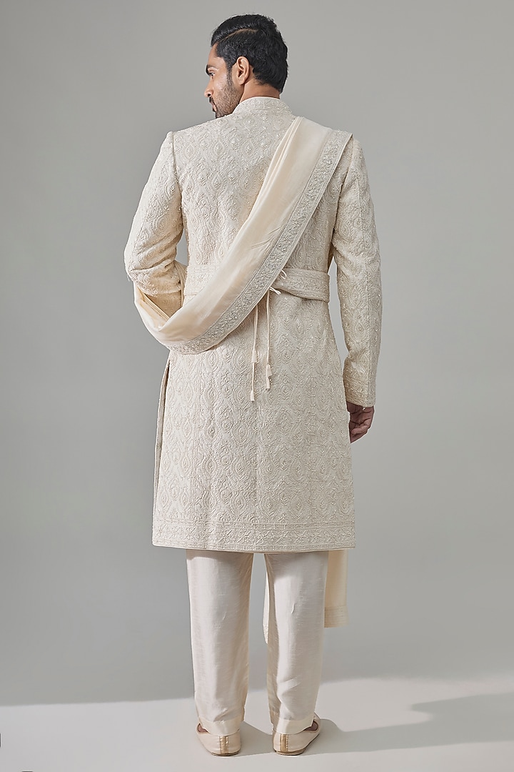 Pearl White Silk Groom Sherwani Set by Vanshik at Pernia's Pop Up Shop
