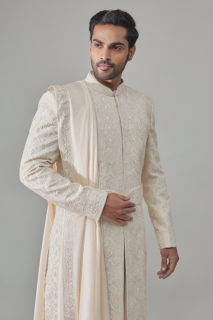 Pearl White Silk Groom Sherwani Set by Vanshik at Pernia's Pop Up Shop