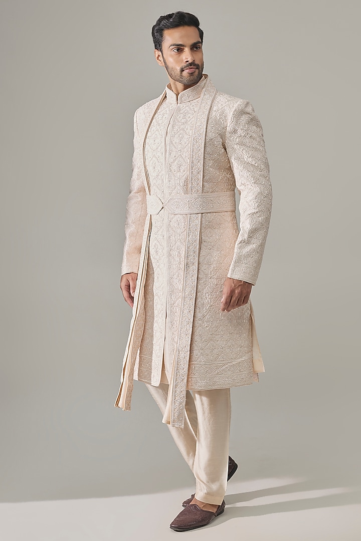 Pearl White Silk Groom Sherwani Set by Vanshik at Pernia's Pop Up Shop