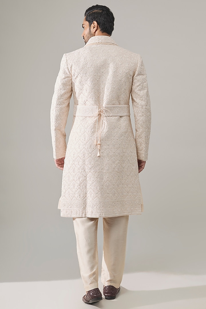 Pearl White Silk Groom Sherwani Set by Vanshik at Pernia's Pop Up Shop