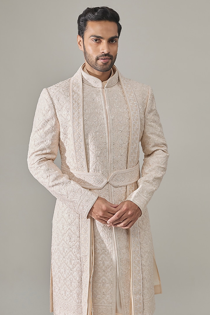 Pearl White Silk Groom Sherwani Set by Vanshik at Pernia's Pop Up Shop