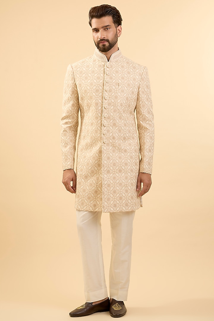 Pearl-Colored Silk Groom Sherwani Set by Vanshik at Pernia's Pop Up Shop