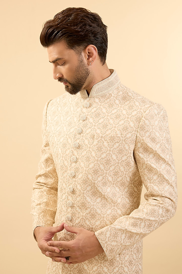 Pearl-Colored Silk Groom Sherwani Set by Vanshik at Pernia's Pop Up Shop