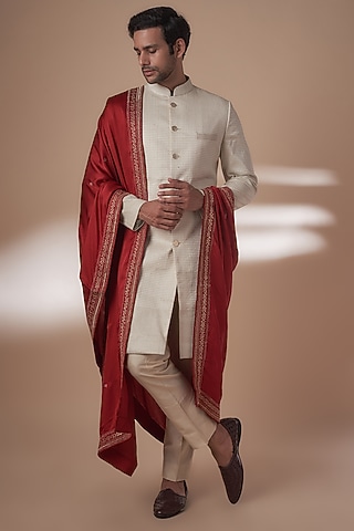 Maroon Satin Gold Embroidered Dupatta  by Vanshik