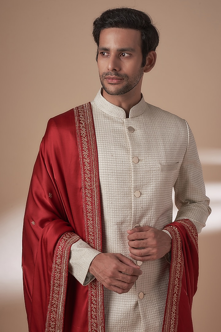 Maroon Satin Gold Embroidered Dupatta by Vanshik at Pernia's Pop Up Shop