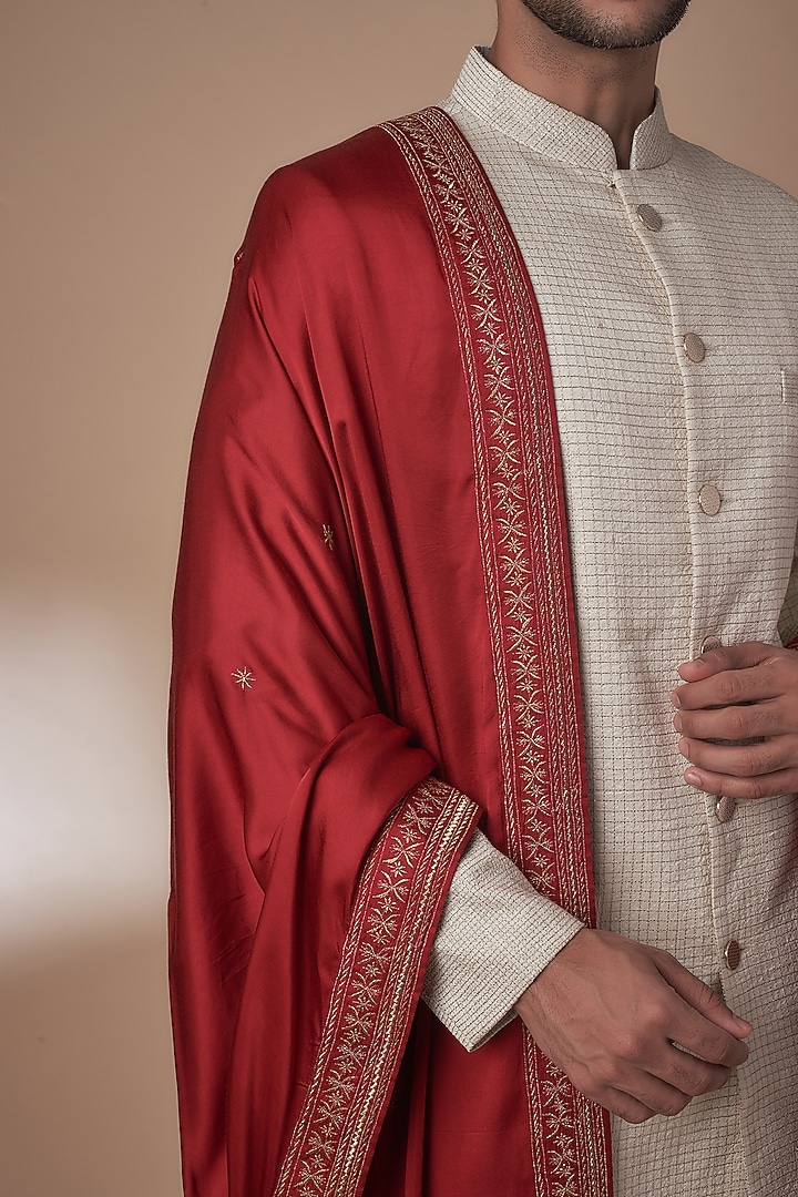 Maroon Satin Gold Embroidered Dupatta by Vanshik at Pernia's Pop Up Shop