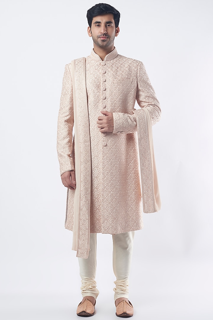 Blush Pink Embroidered Sherwani Set by Vanshik