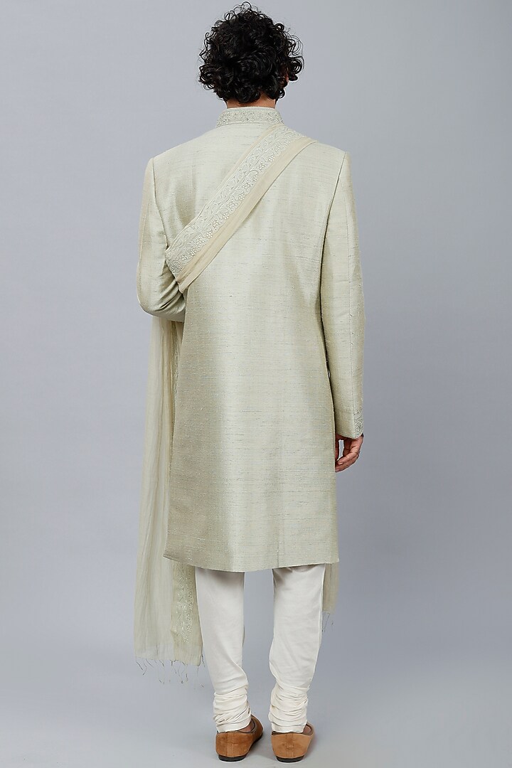 Mint Green Silk Hand Embroidered Wedding Sherwani Set by Vanshik at Pernia's Pop Up Shop