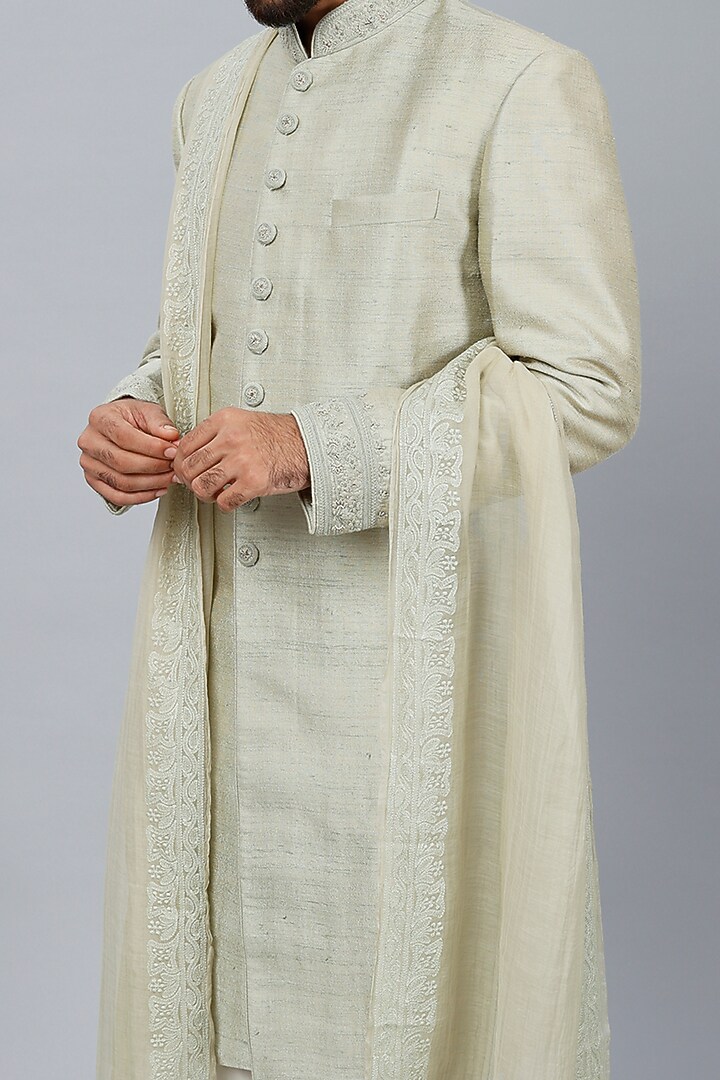 Mint Green Silk Hand Embroidered Wedding Sherwani Set by Vanshik at Pernia's Pop Up Shop