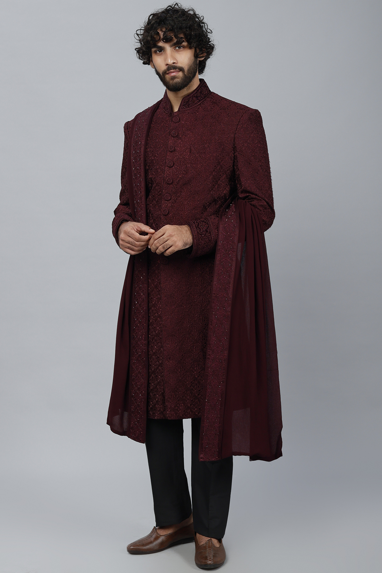 Maroon Silk Hand Embroidered Sherwani Set by Vanshik