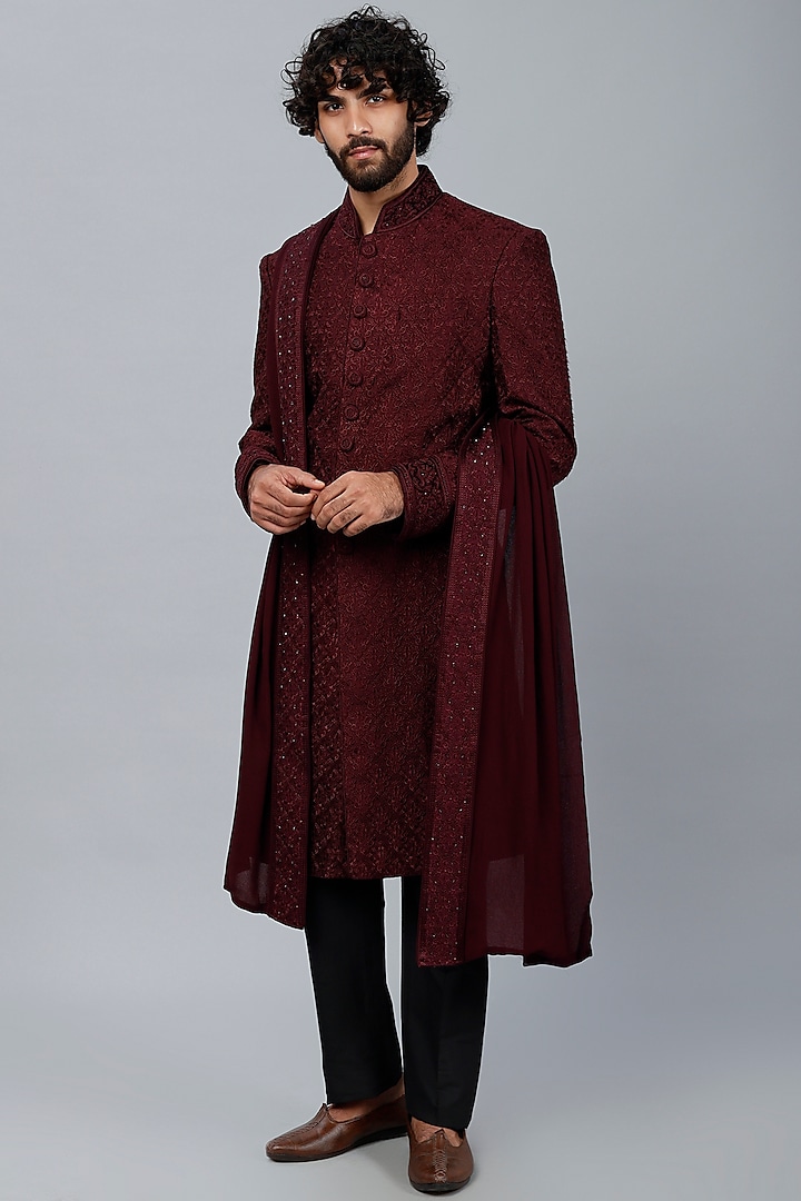 Maroon Silk Hand Embroidered Sherwani Set by Vanshik