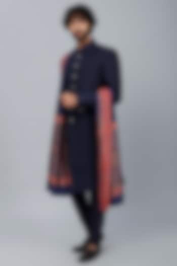 Navy Blue Raw Silk Quilted Groom Sherwani Set by Vanshik at Pernia's Pop Up Shop