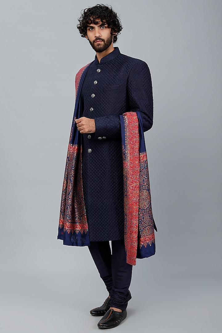 Navy Blue Raw Silk Quilted Groom Sherwani Set by Vanshik at Pernia's Pop Up Shop