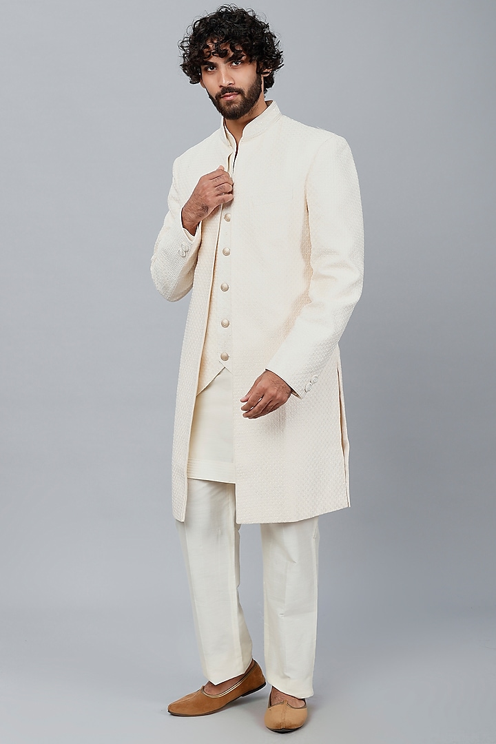 Cream Embroidered Indo-Western Jacket Set by Vanshik