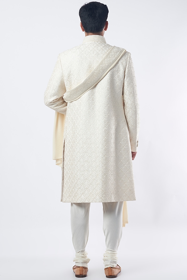 Ivory Silk Embroidered Groom Sherwani Set by Vanshik at Pernia's Pop Up Shop