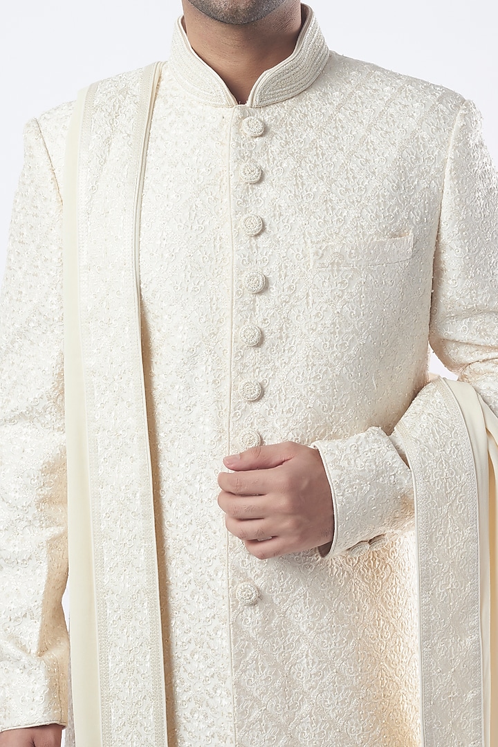 Ivory Silk Embroidered Groom Sherwani Set by Vanshik at Pernia's Pop Up Shop