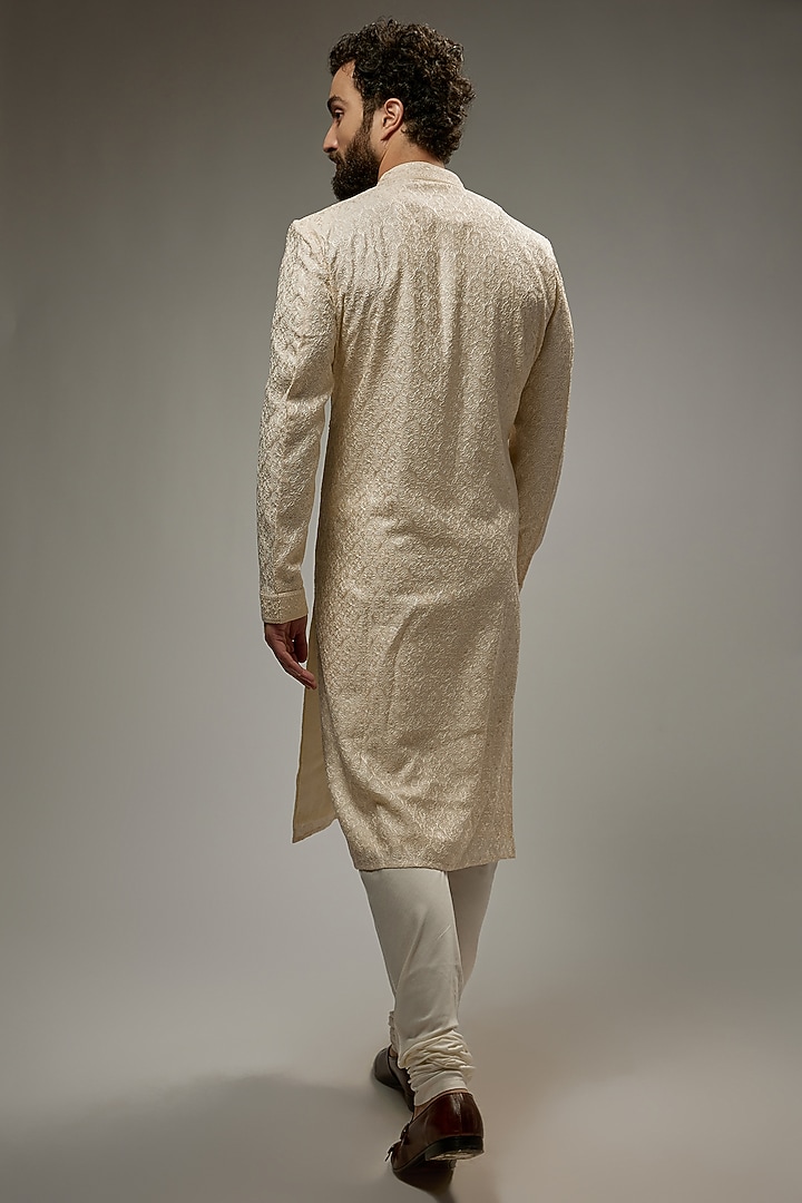 Pearl White Soft Silk Embroidered Kurta Set by Vanshik at Pernia's Pop Up Shop
