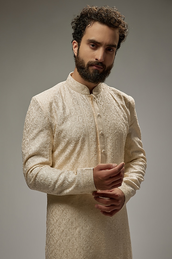 Pearl White Soft Silk Embroidered Kurta Set by Vanshik at Pernia's Pop Up Shop