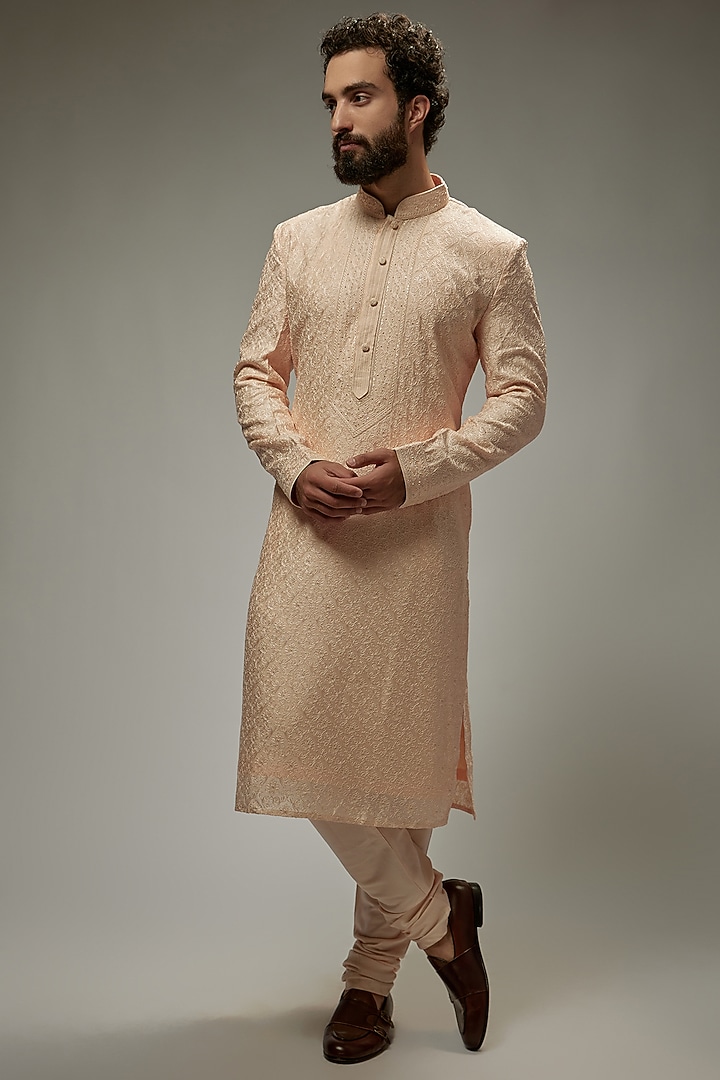 Blush Pink Soft Silk Embroidered Kurta Set by Vanshik at Pernia's Pop Up Shop