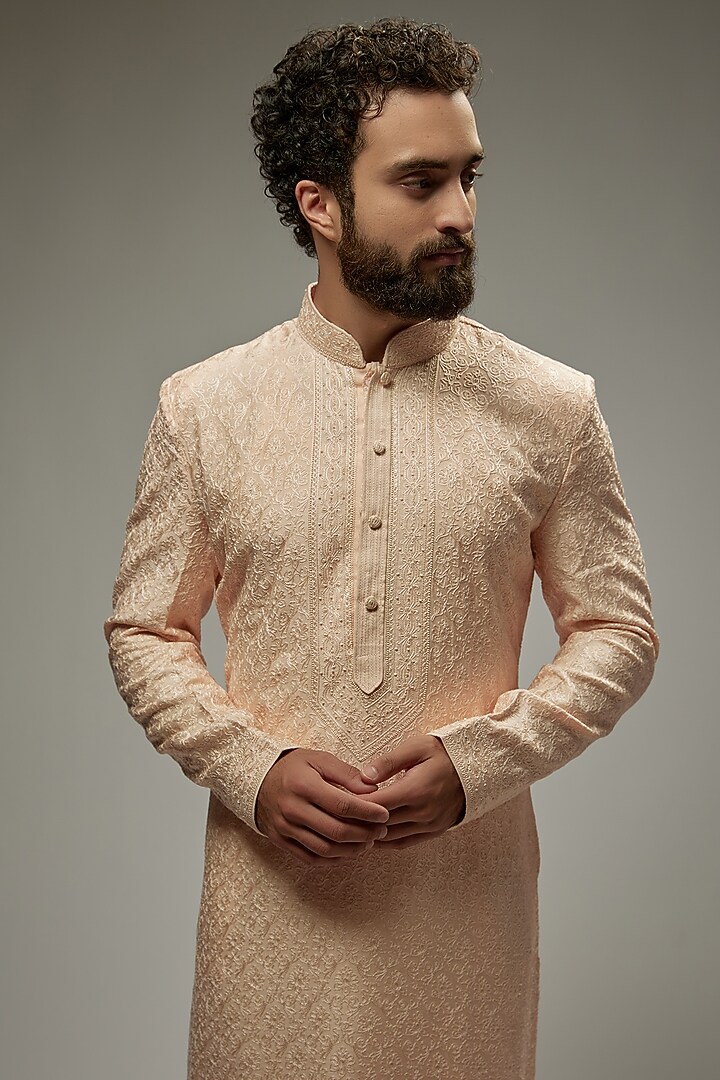 Blush Pink Soft Silk Embroidered Kurta Set by Vanshik at Pernia's Pop Up Shop