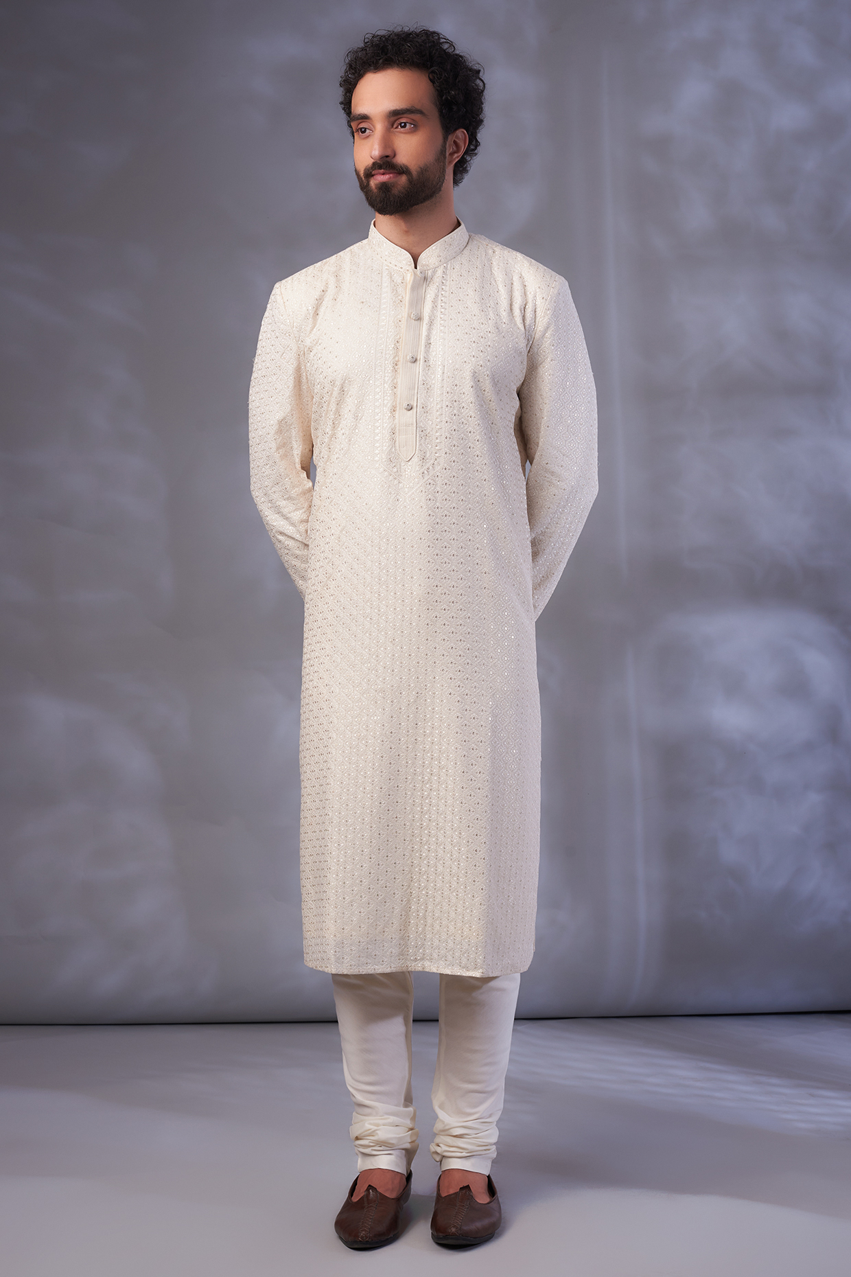 Pearl White Dupion Silk Resham Embroidered Kurta Set by Vanshik