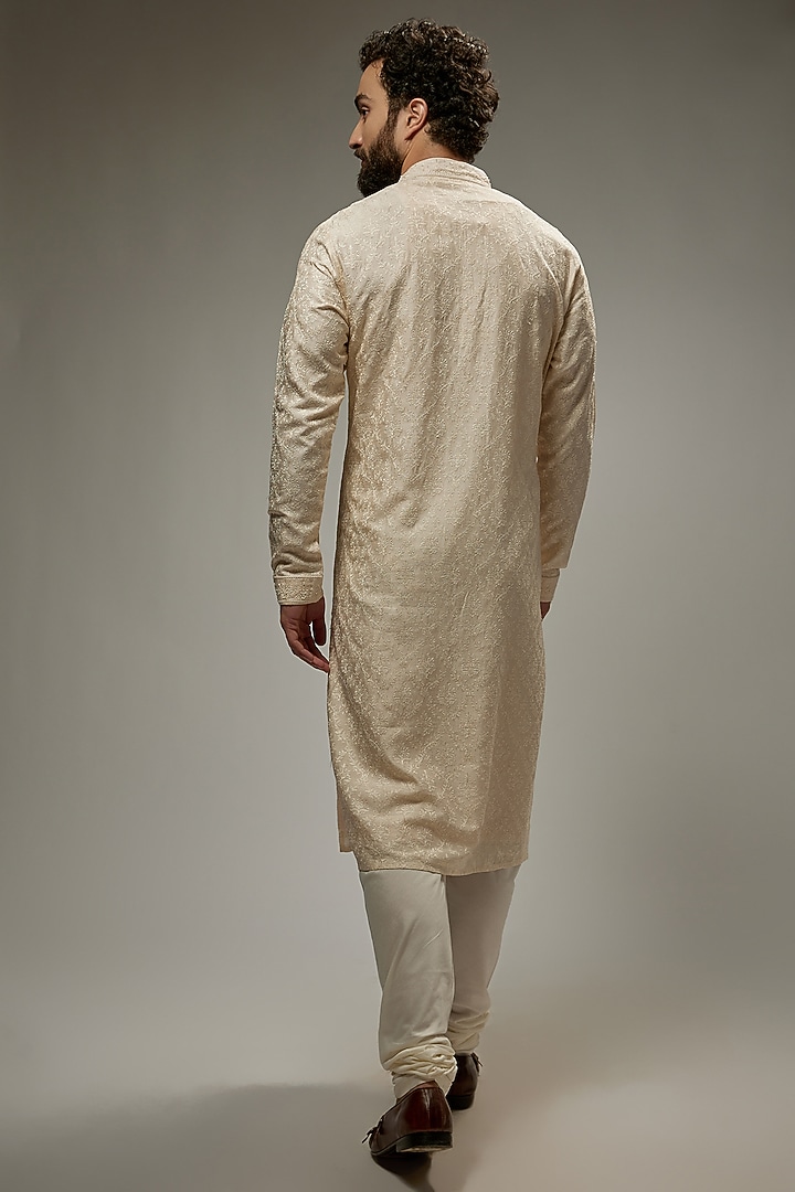 Pearl White Soft Silk Embroidered Kurta Set by Vanshik at Pernia's Pop Up Shop