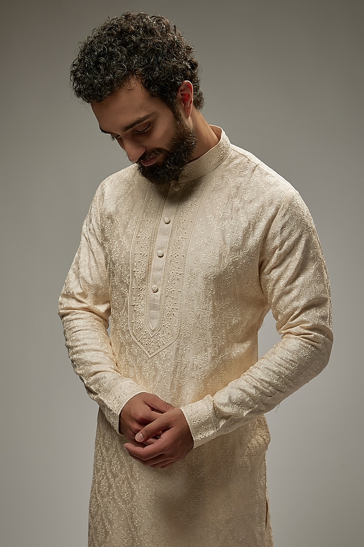 Pearl White Soft Silk Embroidered Kurta Set by Vanshik at Pernia's Pop Up Shop
