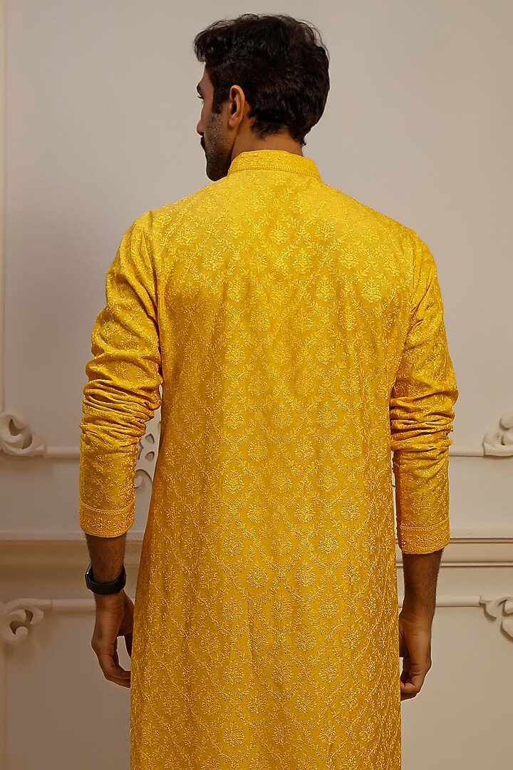 Yellow Dupion Silk Resham Embroidered Kurta Set by Vanshik at Pernia's Pop Up Shop