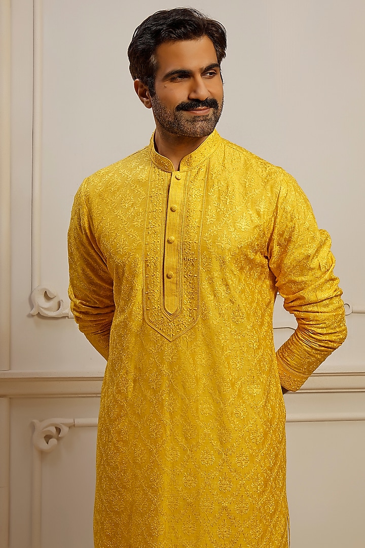 Yellow Dupion Silk Resham Embroidered Kurta Set by Vanshik at Pernia's Pop Up Shop