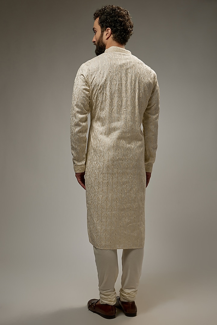 Pearl White Soft Silk Embroidered Kurta Set by Vanshik at Pernia's Pop Up Shop