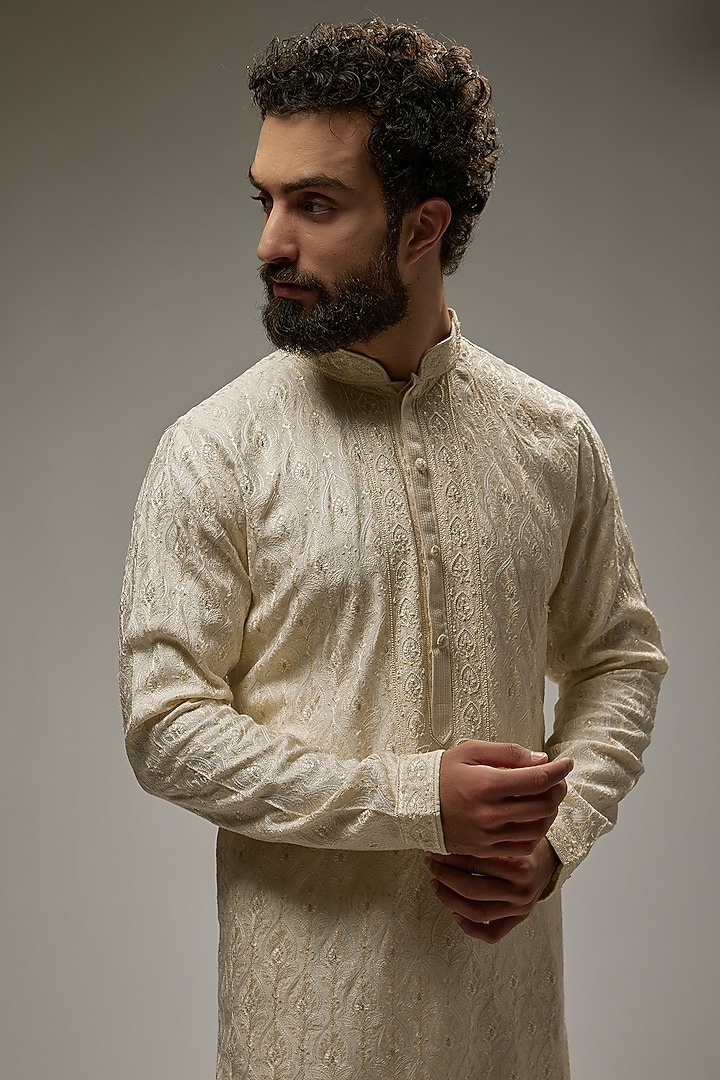 Pearl White Soft Silk Embroidered Kurta Set by Vanshik at Pernia's Pop Up Shop