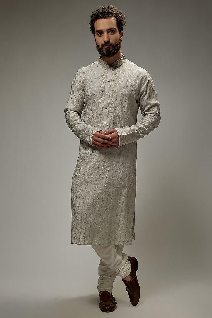 Grey Soft Silk Embroidered Kurta Set by Vanshik