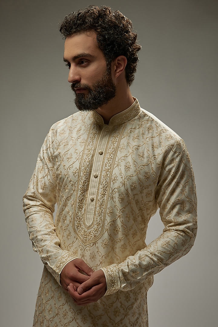 Pearl White Spun Silk Embroidered Kurta Set by Vanshik at Pernia's Pop Up Shop
