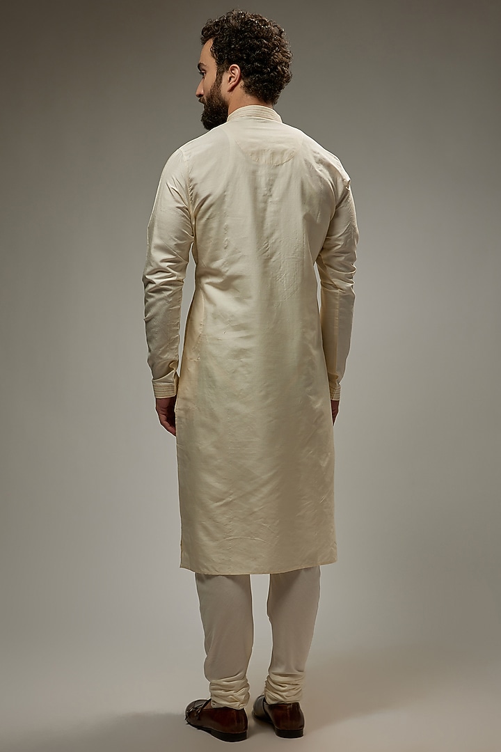 Pearl White Tussar Silk Embroidered Kurta Set by Vanshik at Pernia's Pop Up Shop