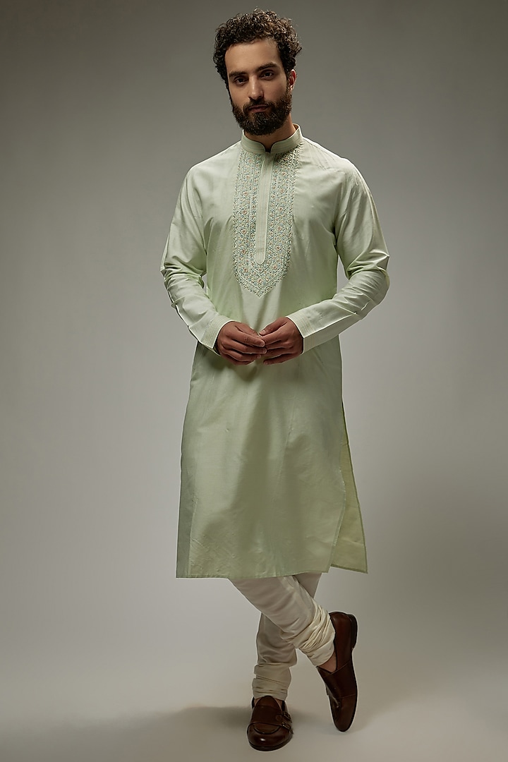 Mint Tussar Silk Embroidered Kurta Set by Vanshik