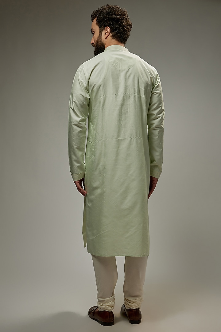 Mint Tussar Silk Floral Embroidered Kurta Set by Vanshik at Pernia's Pop Up Shop