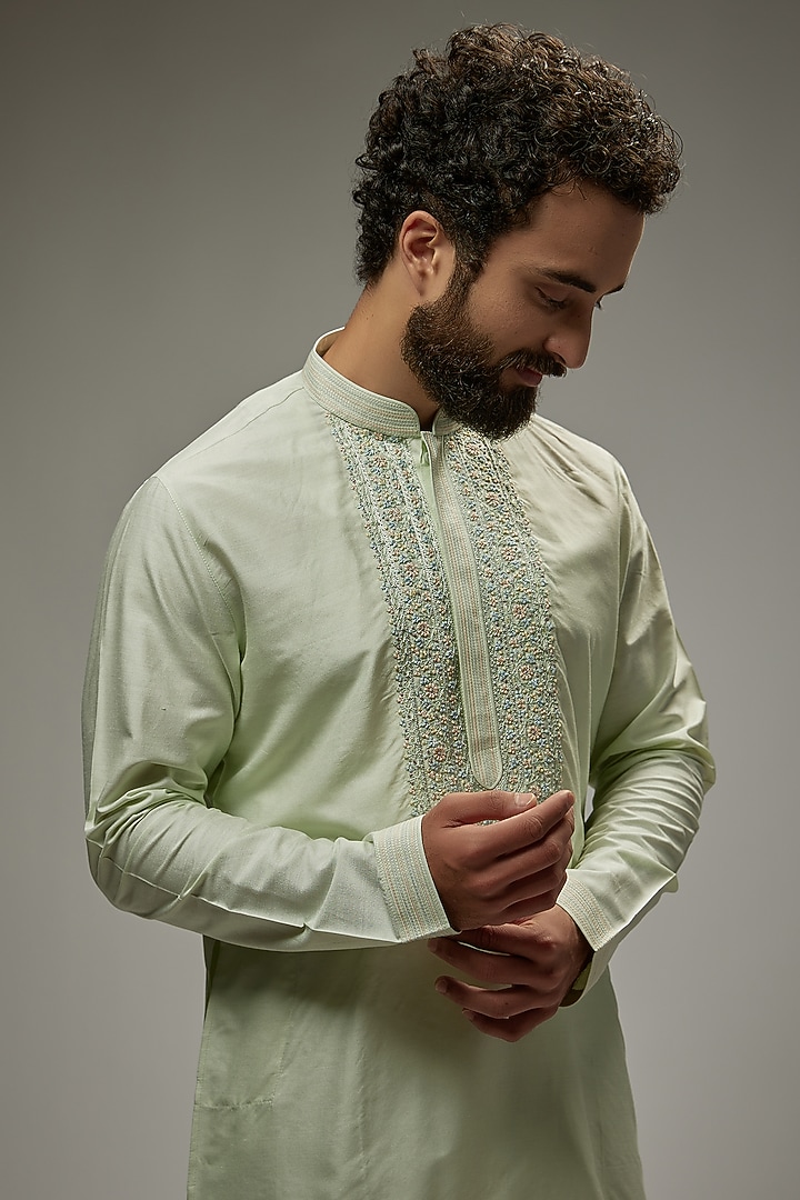Mint Tussar Silk Floral Embroidered Kurta Set by Vanshik at Pernia's Pop Up Shop