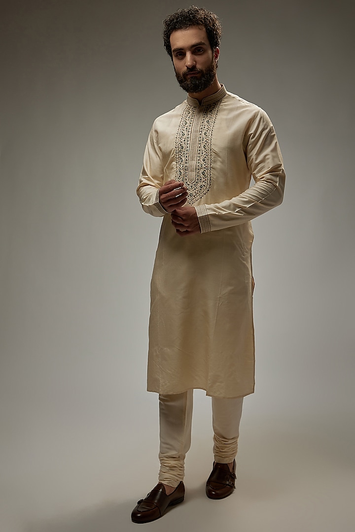 Ivory Tussar Silk Embroidered Kurta Set by Vanshik