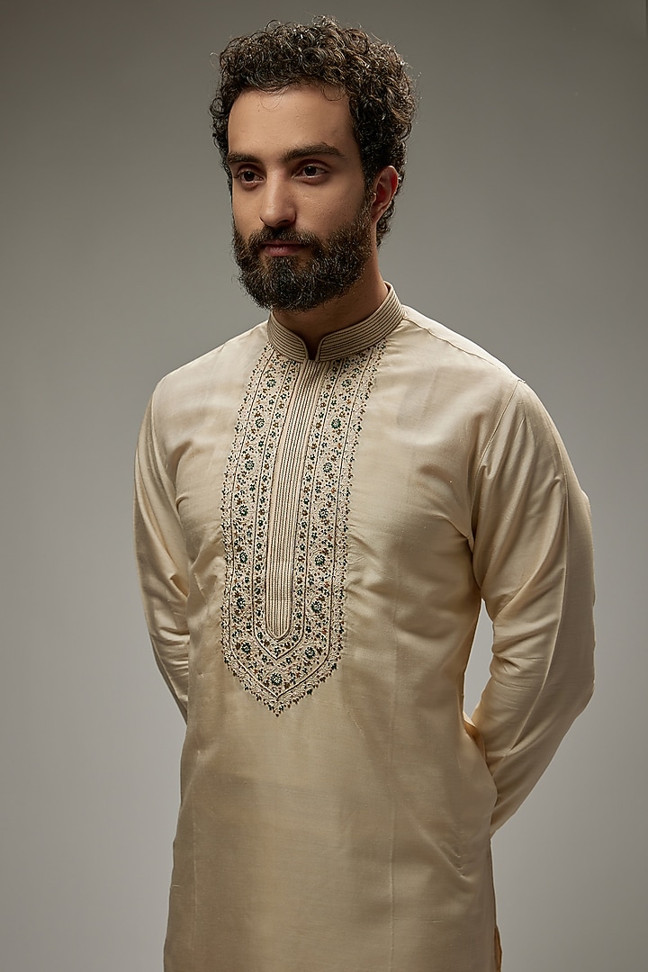 Ivory Tussar Silk Embroidered Kurta Set by Vanshik at Pernia's Pop Up Shop