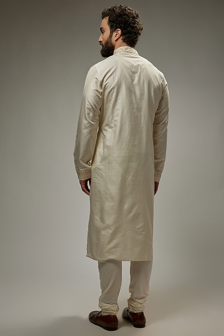 Pearl White Spun Silk Embroidered Kurta Set by Vanshik at Pernia's Pop Up Shop
