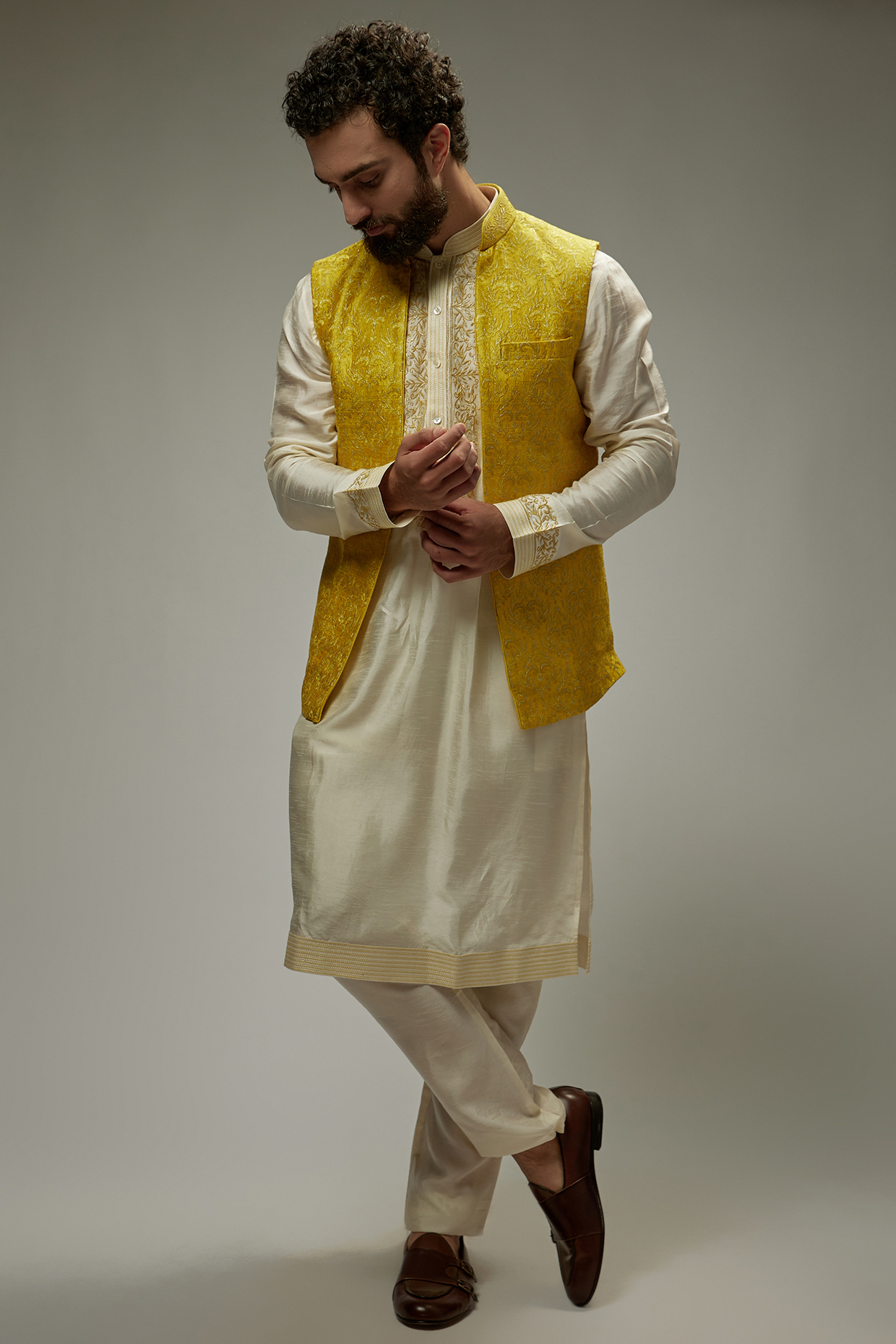 Yellow Dupion Silk Embroidered Wedding Indowestern Set by Vanshik at Pernia's Pop Up Shop