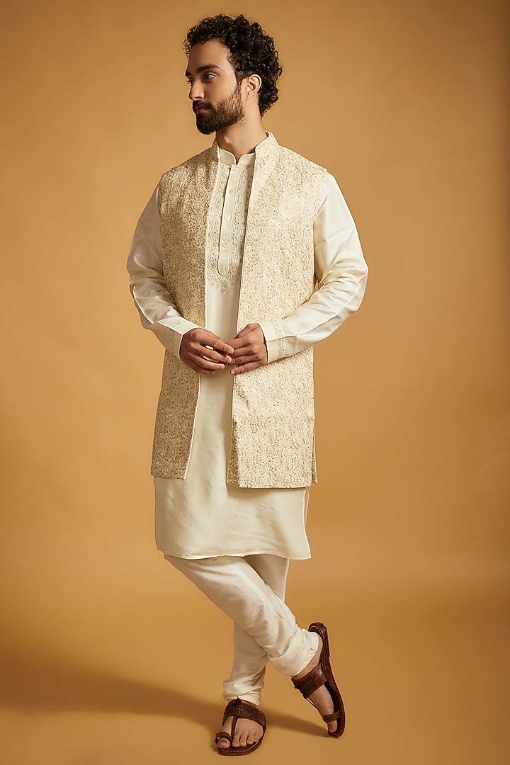 Cream Tussar Silk Floral Embroidered Wedding Indowestern Set by Vanshik at Pernia's Pop Up Shop