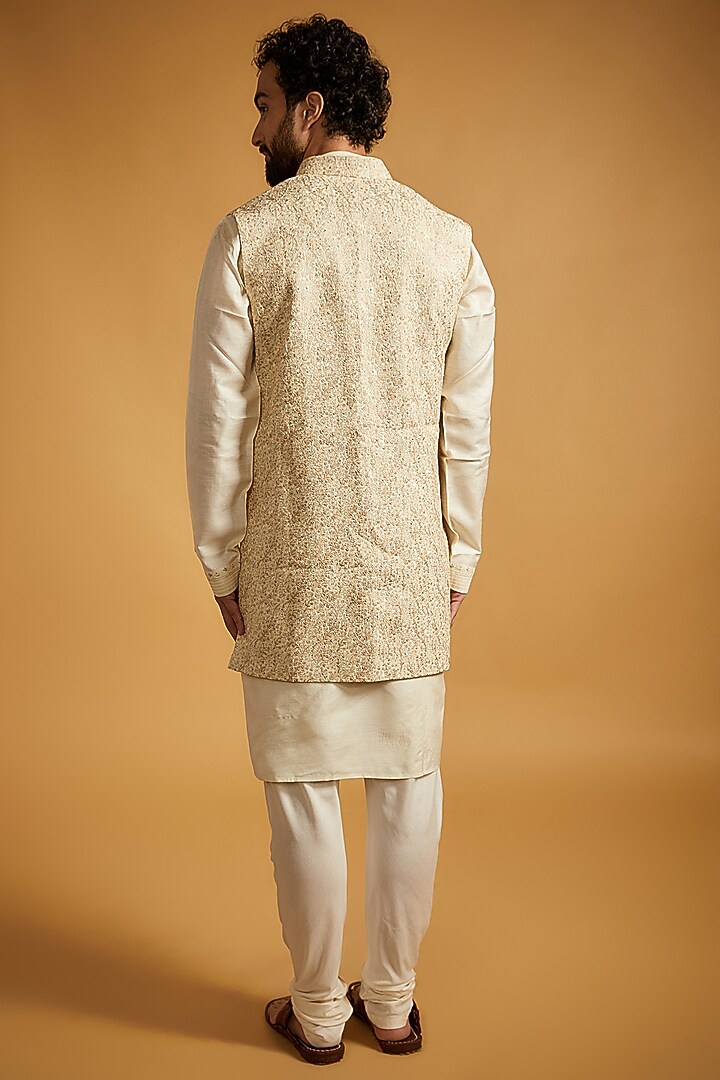Cream Tussar Silk Floral Embroidered Wedding Indowestern Set by Vanshik at Pernia's Pop Up Shop