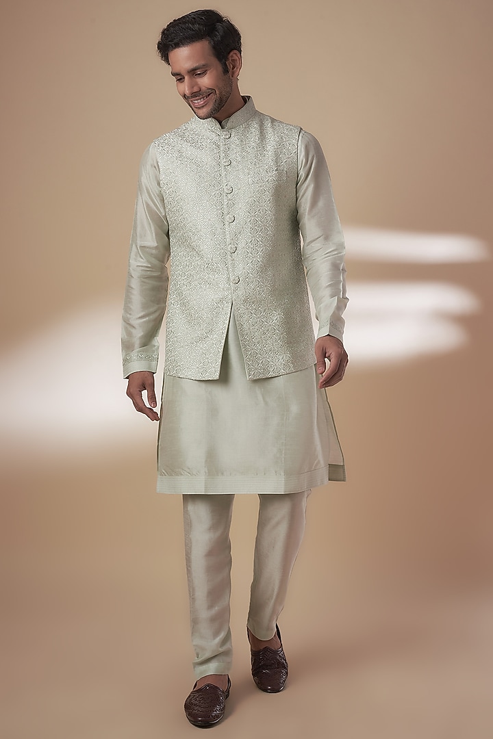 Mint Dupion Silk Embroidered Bundi Jacket Set by Vanshik at Pernia's Pop Up Shop