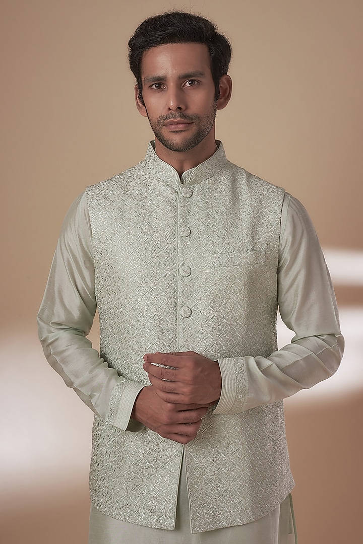 Mint Dupion Silk Embroidered Bundi Jacket Set by Vanshik at Pernia's Pop Up Shop
