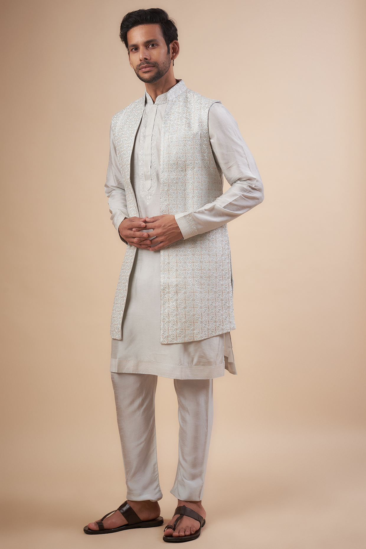 Aqua Blue Blended Silk Digital Embroidered Indowestern Set by Vanshik